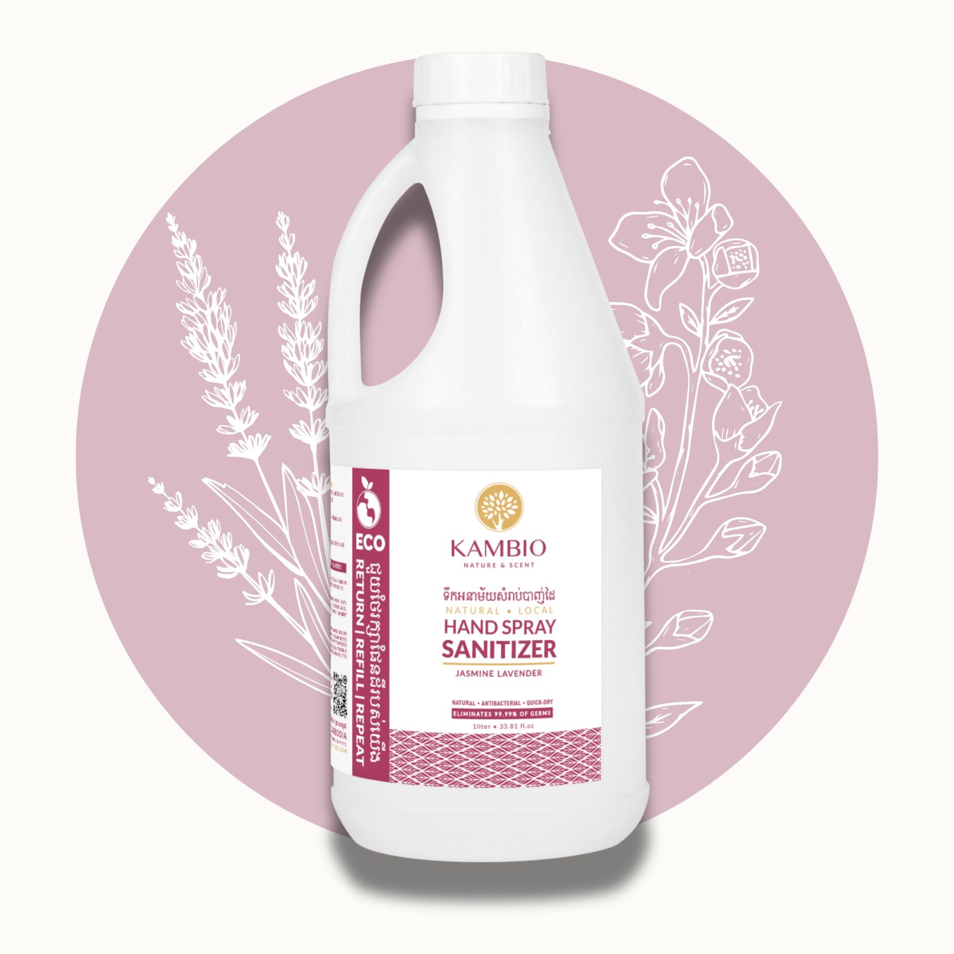 natural hand spray sanitizer jasmine lavender in 1 liter refill bottle by kambio nature
