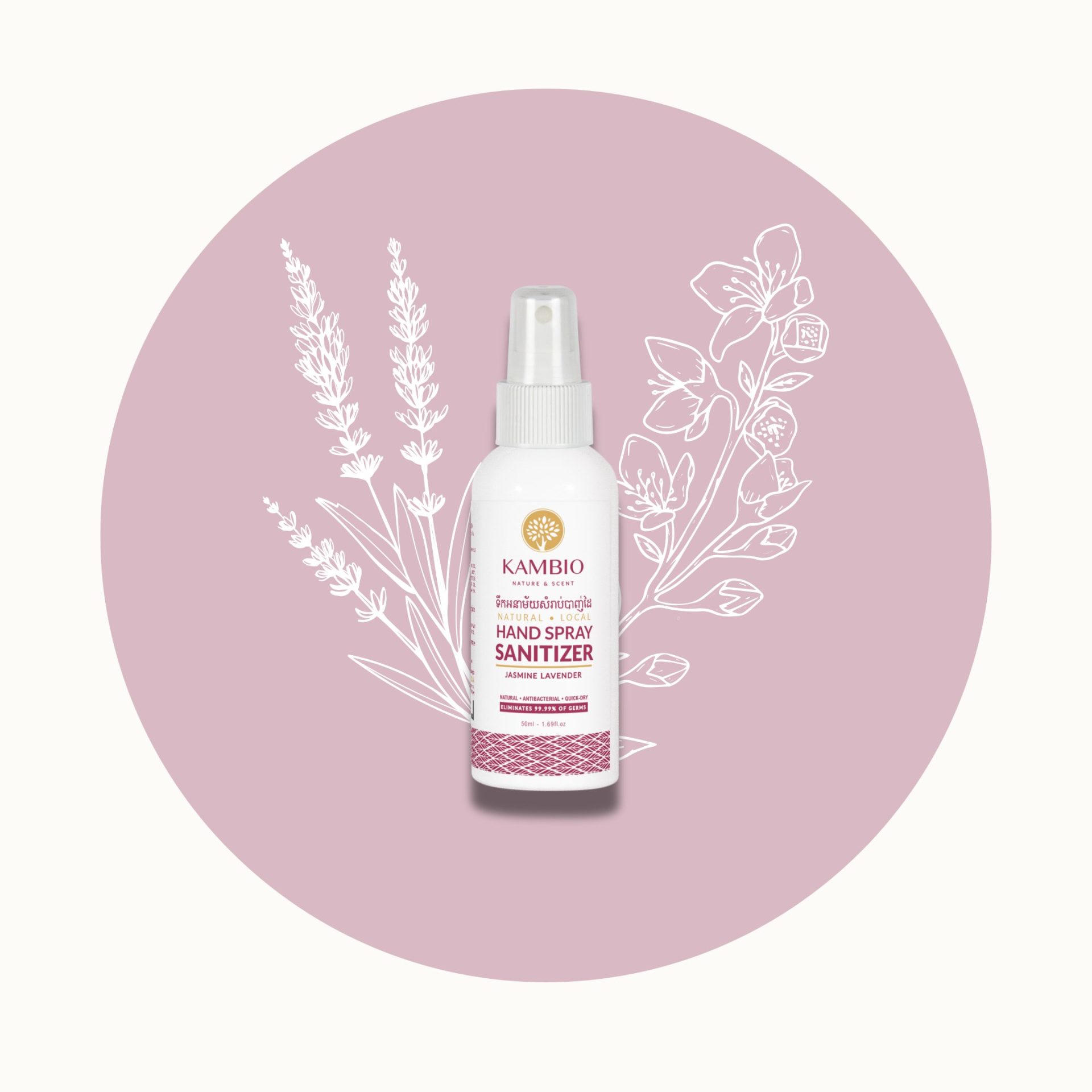 natural hand spray sanitizer jasmine lavender in 50ml bottle by kambio nature
