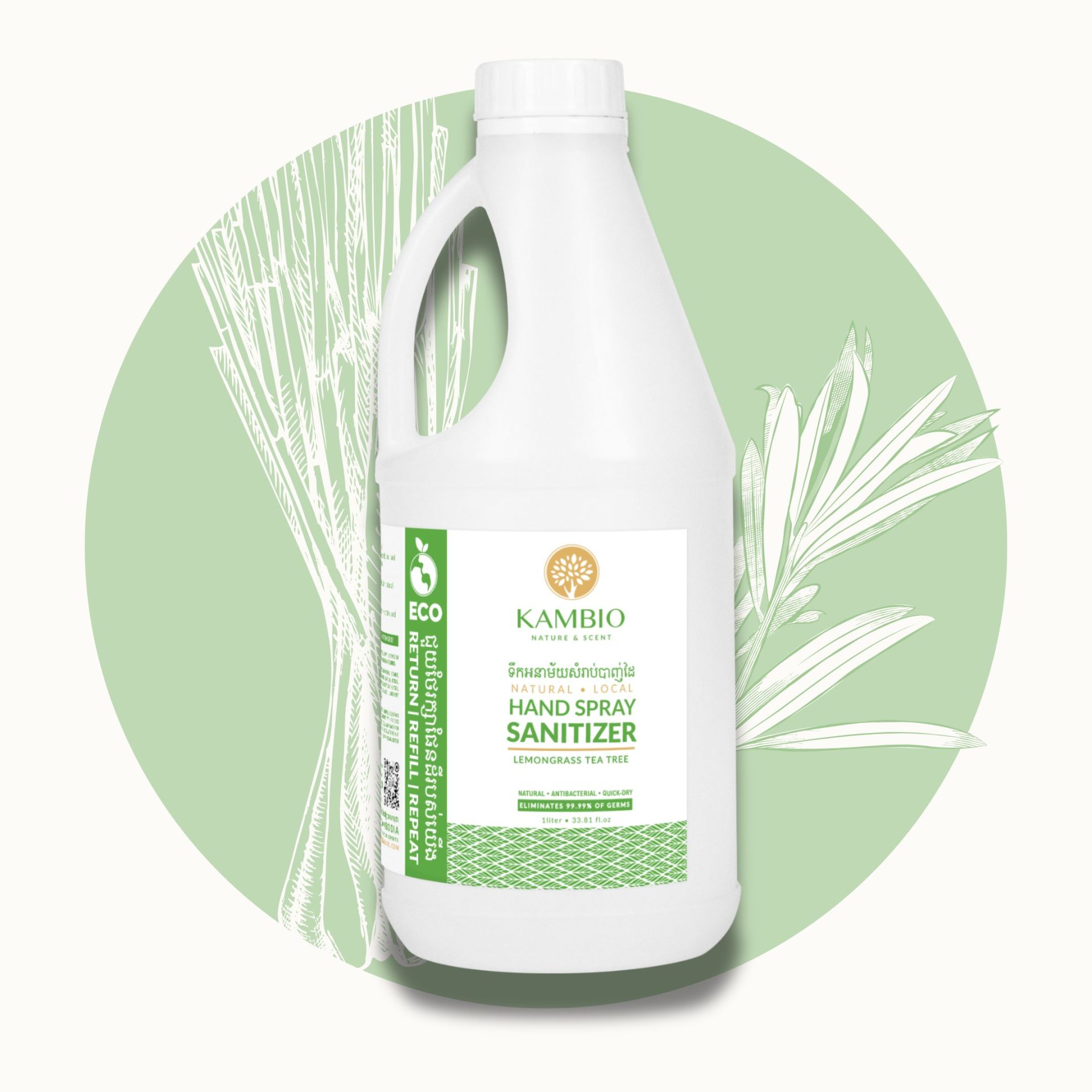 natural hand spray sanitizer tea tree lemongrass 1 liter refill bottle by kambio nature