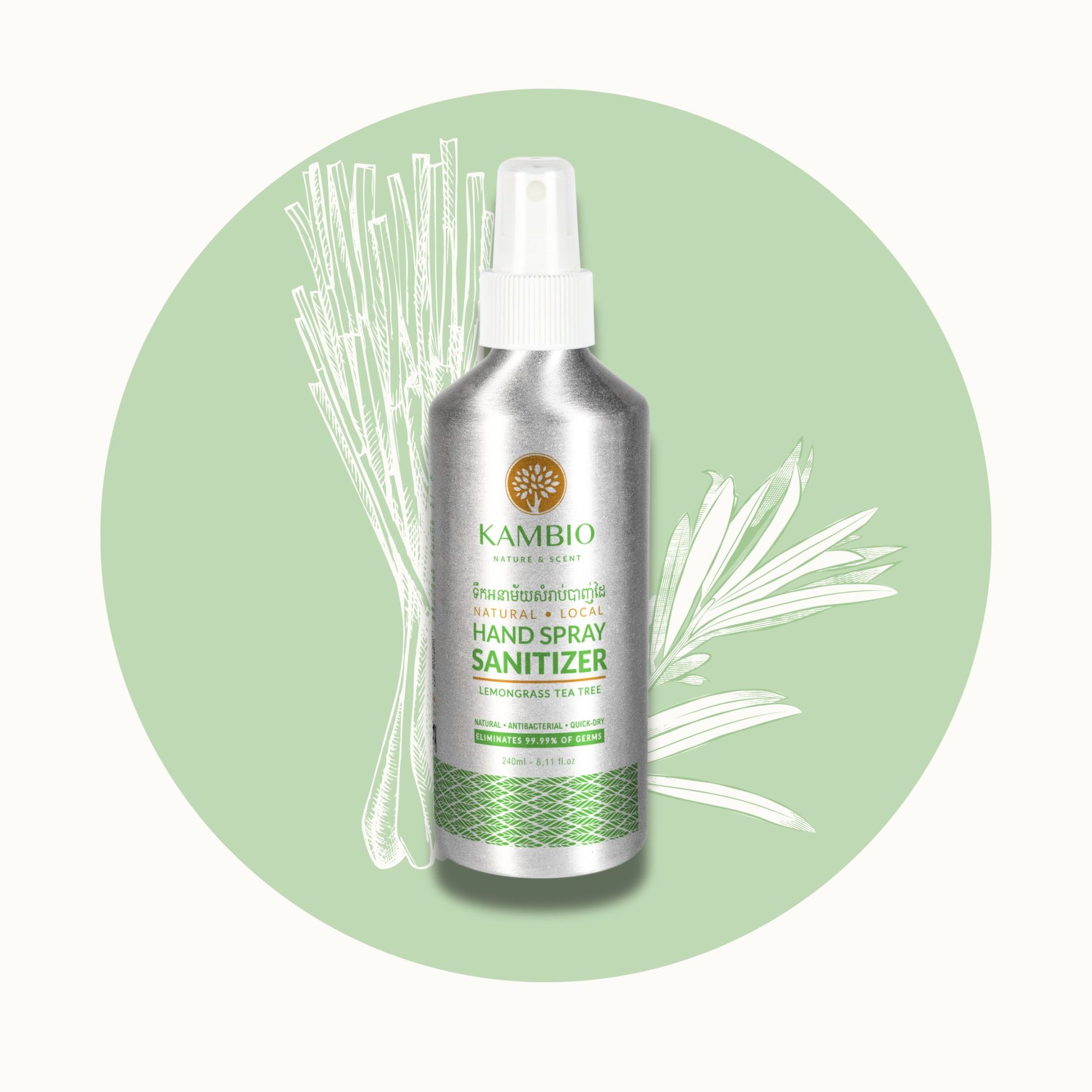 natural hand spray sanitizer tea tree lemongrass 240ml bottle by kambio nature