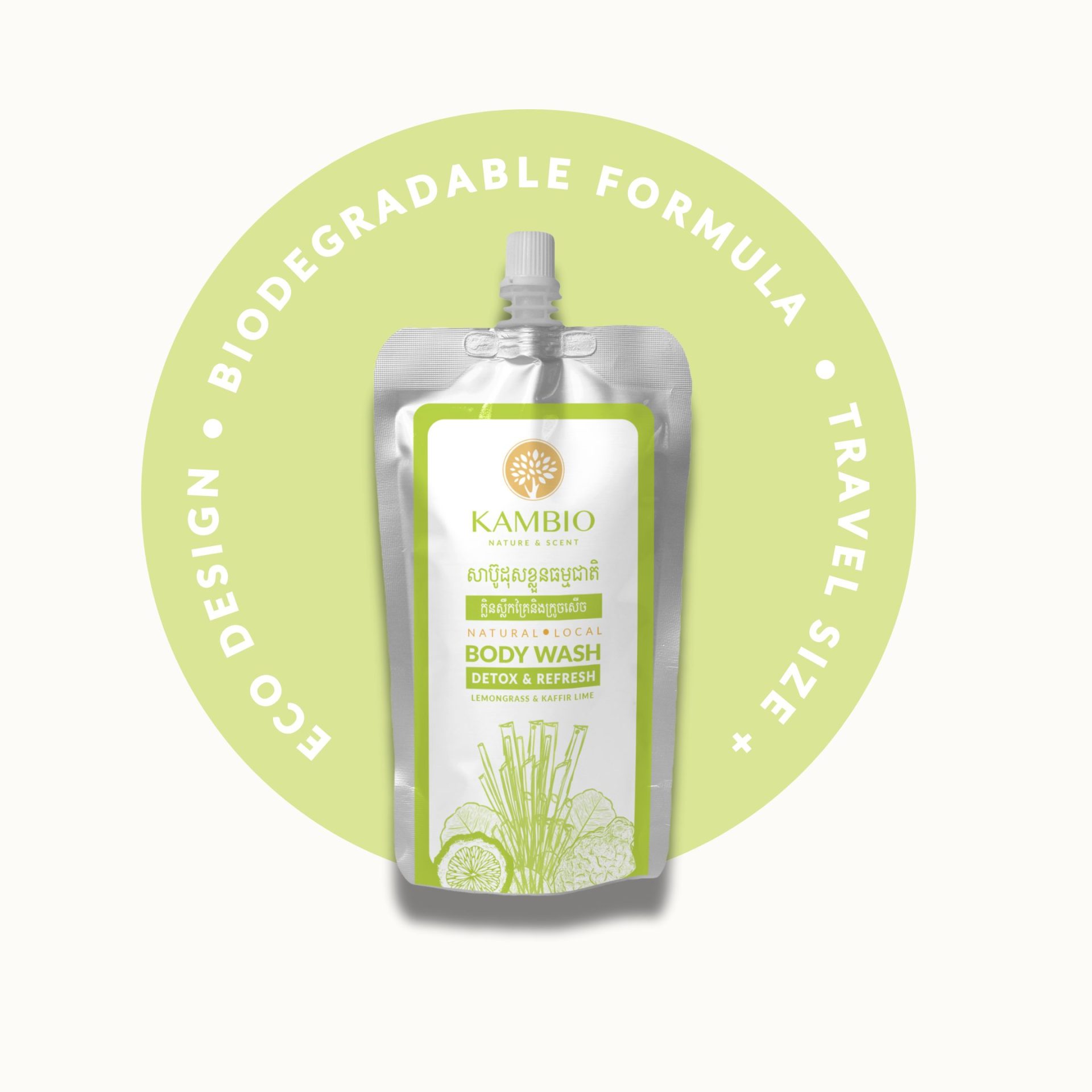natural body wash detox kaffir lime and lemongrass scent by kambio nature made in Cambodia refill pouch 200ml