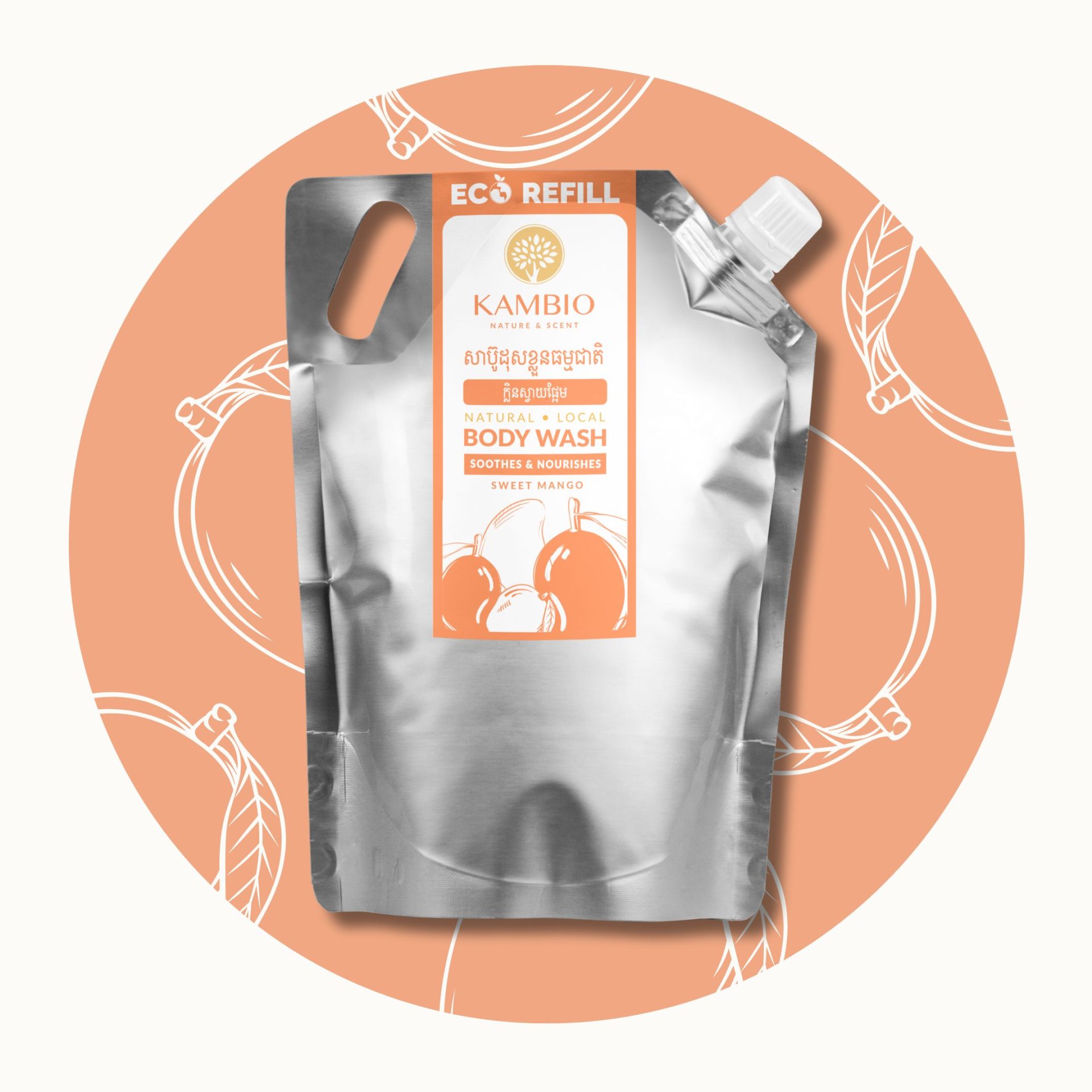 natural body wash tropical mango scent by kambio nature made in Cambodia refill pouch 1 liter