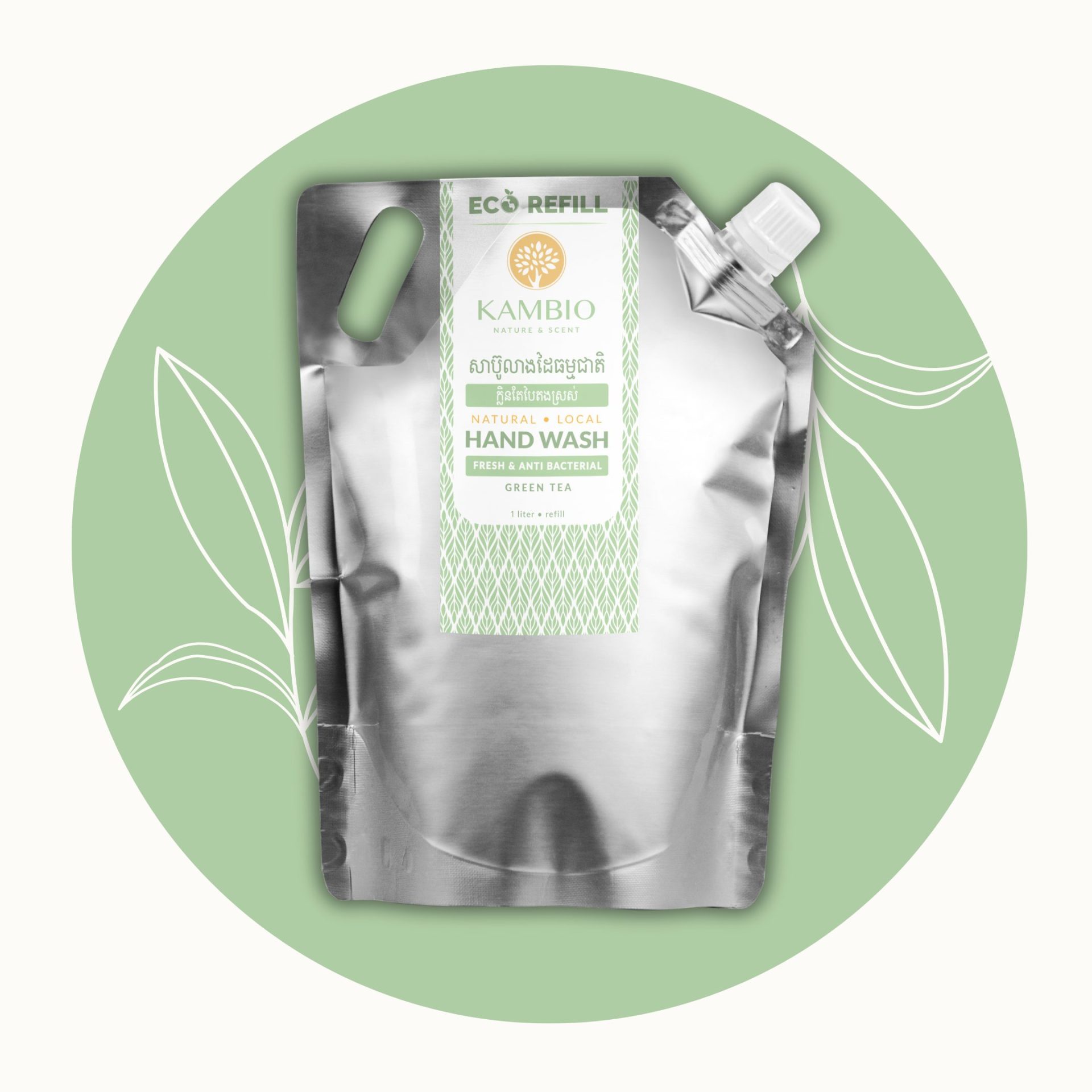 natural hand wash green tea scent by kambio nature made in Cambodia refill pouch 1 liter