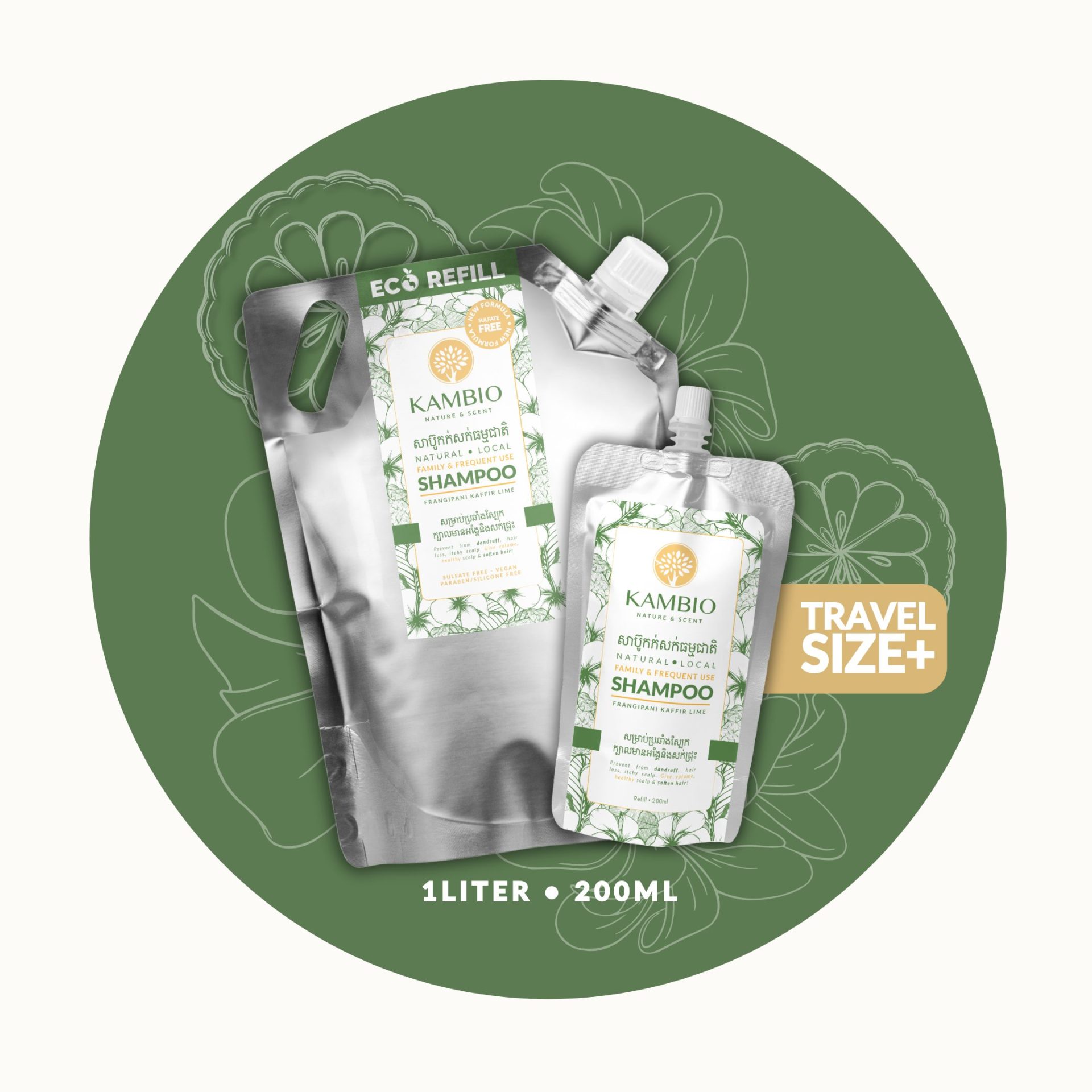 Natural shampoo frequent use by kambio nature 200ml and 1 liter refill pouch